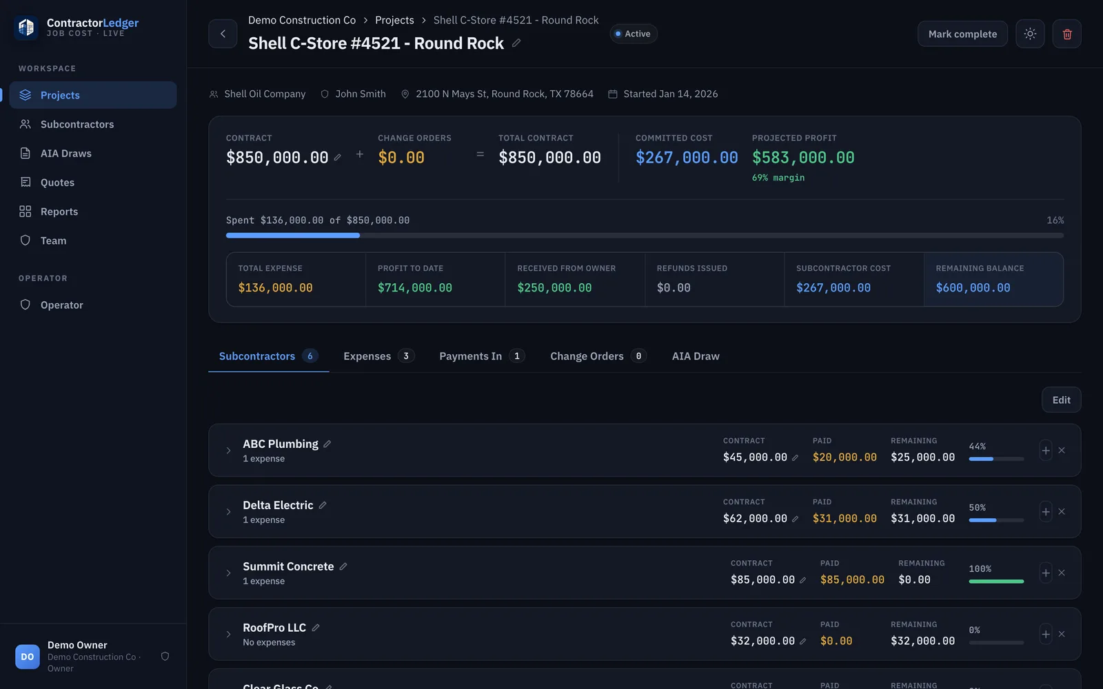 A ContractorLedger project — contract, committed cost, and projected profit up top, with each subcontractor's contract, paid, and remaining tracked below.