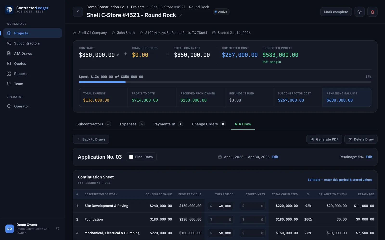 A ContractorLedger G703 continuation sheet — scheduled value, work from previous, this period, percent complete, balance to finish, and retainage calculated per line.