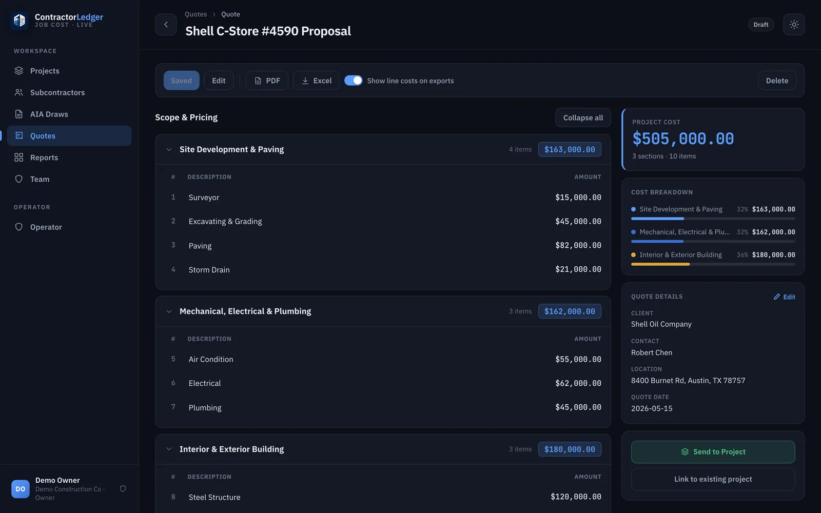 A ContractorLedger quote — scope and pricing broken into sections and line items, with a running project cost and a one-click Send to Project button.